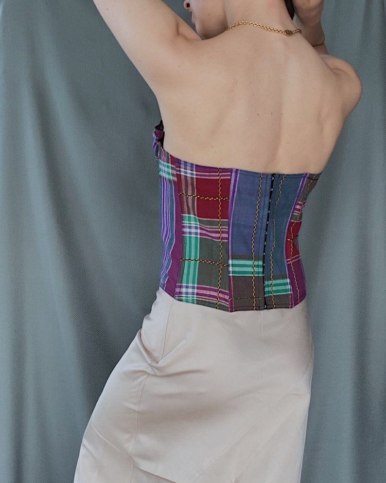 1980s/90s vintage CHANTAL THOMASS cotton tartan corset top S/M, 90s colourful check print cupped bustier, Bright pin up style boned top image 5