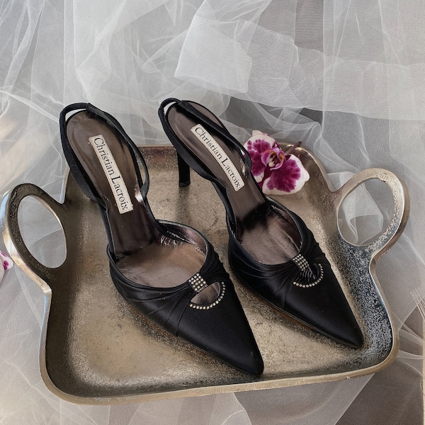 sz 36 1990s vintage CHRISTIAN LACROIX black satin slingback heels, Evening silky designer pumps with shiny crystals, Heeled pointy toe mules