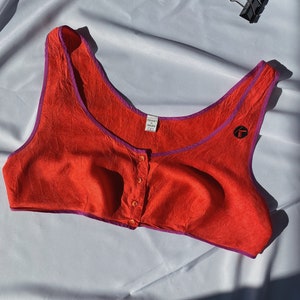 1980s Vintage pure SILK KRIZIA L or oversize crop tank top, 80s coral red crinkle satin short parachute top, Minimalistic color block top