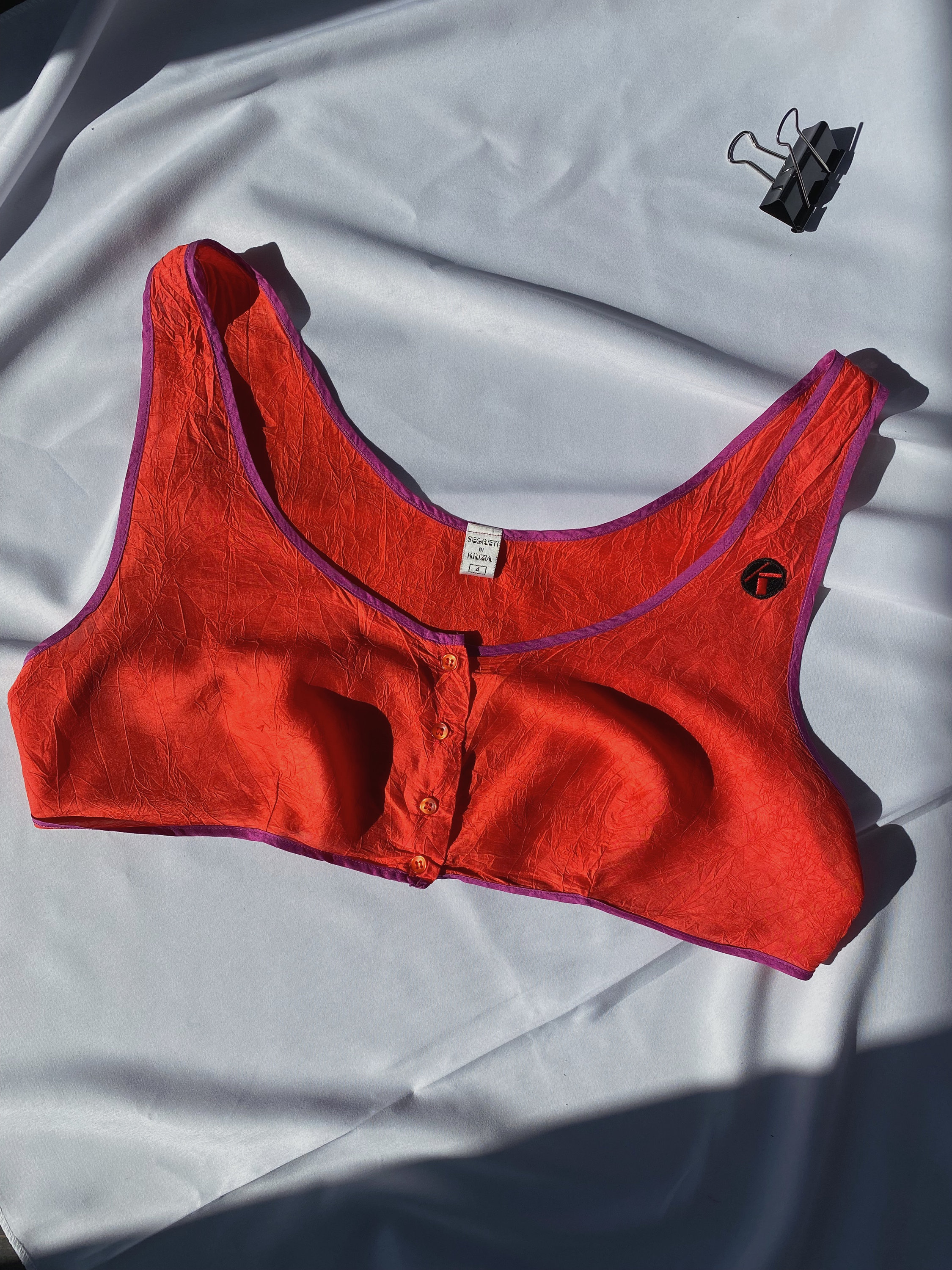 1980s Vintage pure SILK KRIZIA L or oversize crop tank top, 80s coral red crinkle satin short parachute top, Minimalistic color block top