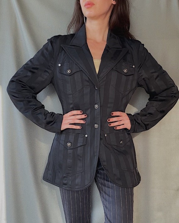 90s Vintage VERSACE Jeans Couture Quilted Striped Jacket S Accented Waist Medusa Head Buttons Warm Coat 1990s Shiny Satin Stripes Overcoat Etsy