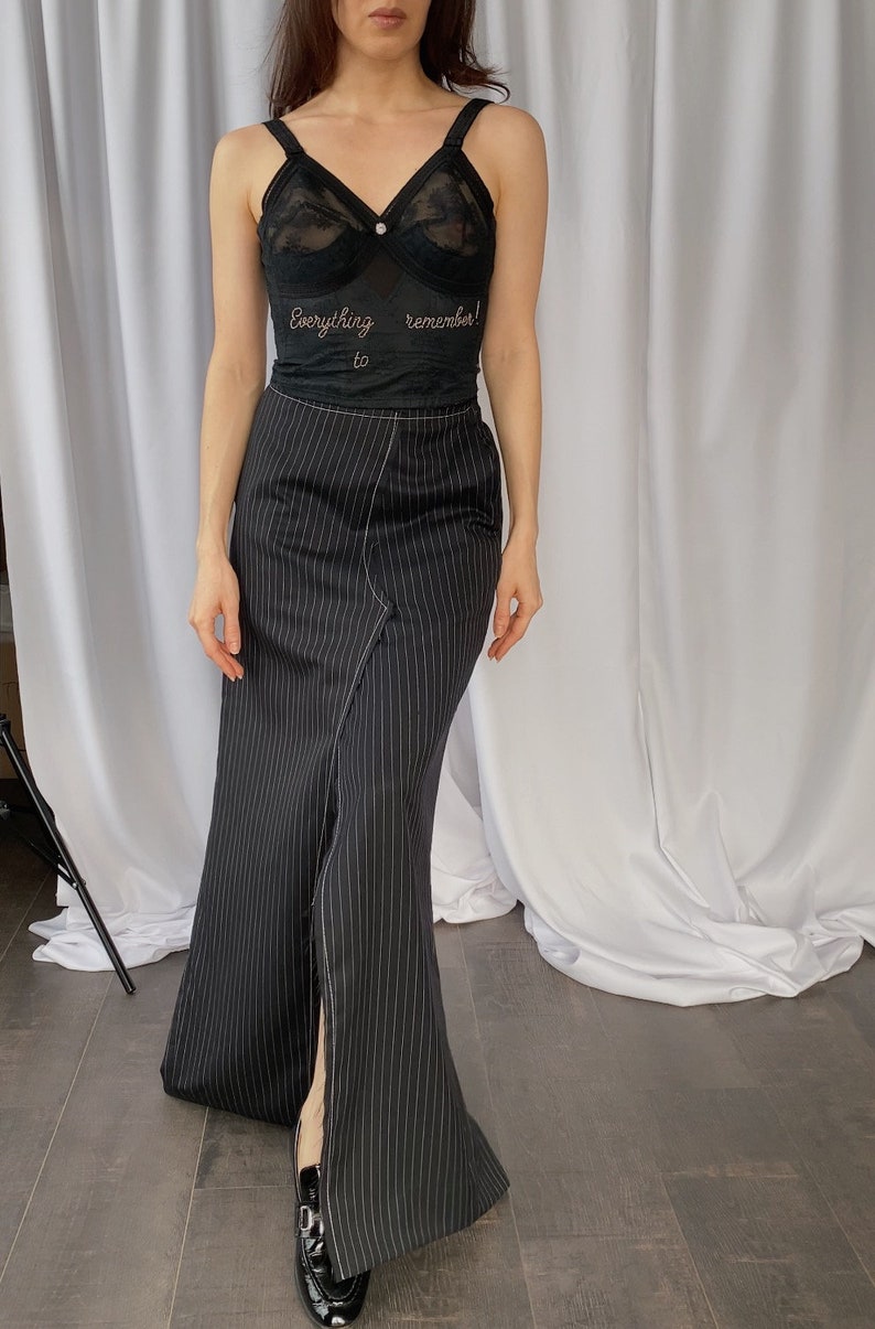 Repurposed designer hand made maxi pinstripe skirt upcycled from vintage trousers, size S, Deconstructed high slit suitting long skirt small image 5