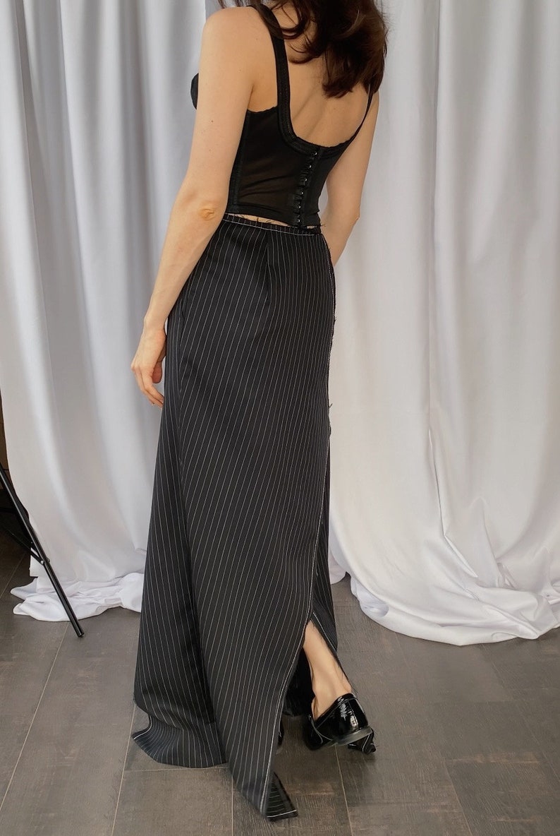Repurposed designer hand made maxi pinstripe skirt upcycled from vintage trousers, size S, Deconstructed high slit suitting long skirt small image 8