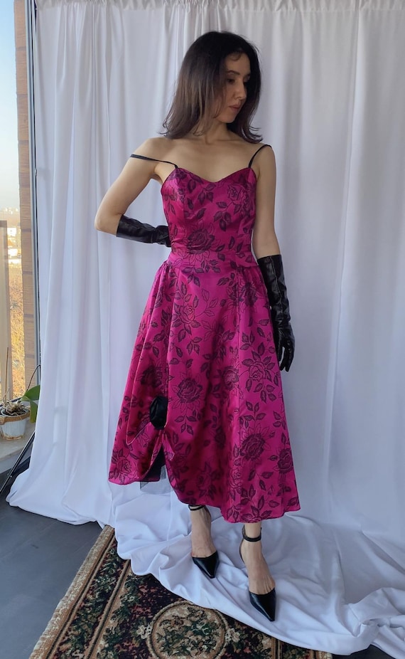 1950s corset dress Vintage Corset Dress Vintage Pink Floral Dress 1950s Strap Square Neck Corset Floral Dress Retro Stage