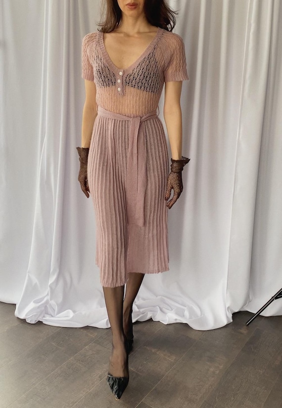 XS-M size Vintage 2000s does 1950s knitted MOHAIR sheer baby pink romantic midi dress, Y2K see trough transparent knit