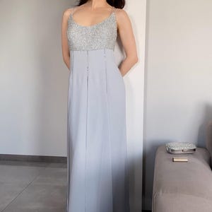 1990s Italian vintage maxi sparkling hand beaded sky blue grecian goddess chiffon evening gown M/L, Spaghetti straps 90s long babydoll dress