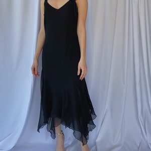 Vintage XS/S/M 1990s SILK chiffon asymmetric bias cut cocktail dress, Designer little black slip evening dress, Dramatic 90s formal gown