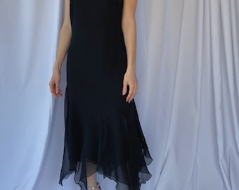 Vintage XS/S/M 1990s SILK chiffon asymmetric bias cut cocktail dress, Designer little black slip evening dress, Dramatic 90s formal gown