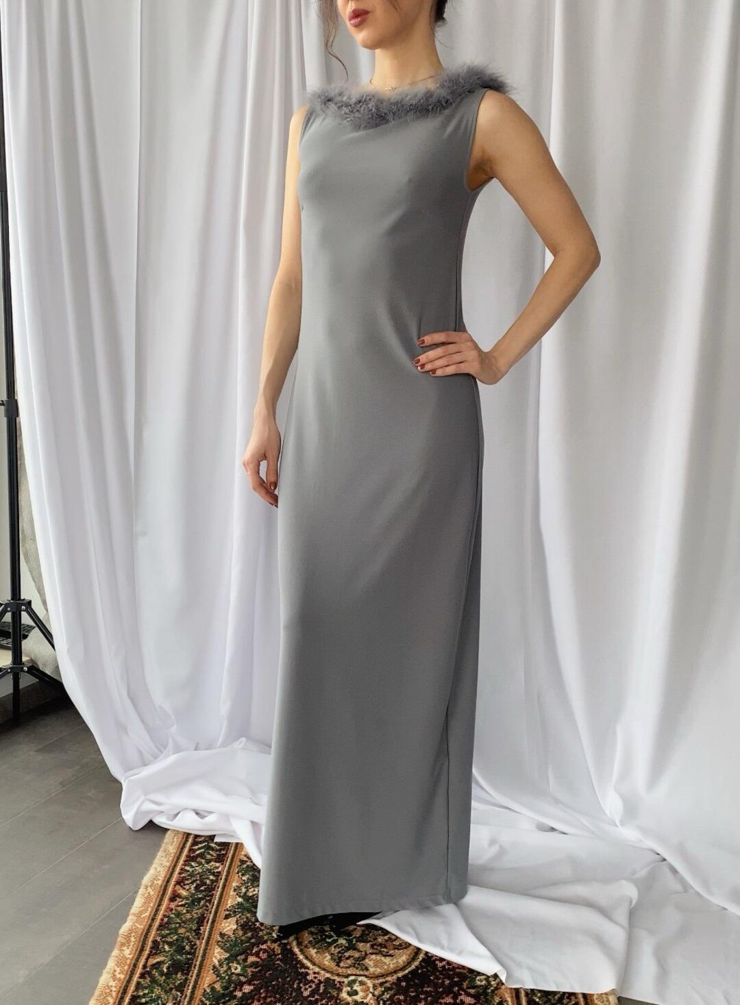 size XS/S 90s vintage feather trimmed maxi evening dress, Slinky long silhouette