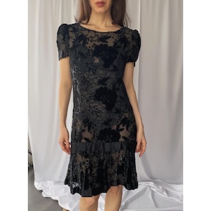 Size XS/S 1960s/70s vintage sheer burnout silk metallic velvet chiffon mini drop waist party dress