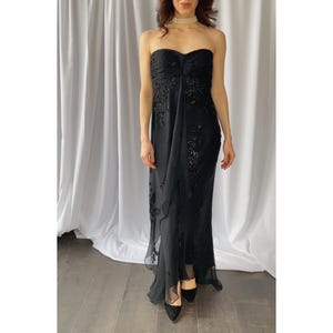 90s vintage maxi HAND BEADED silk greek style evening dress S/M, Long grecian embellished formal gown, Full length strapless beaded dress
