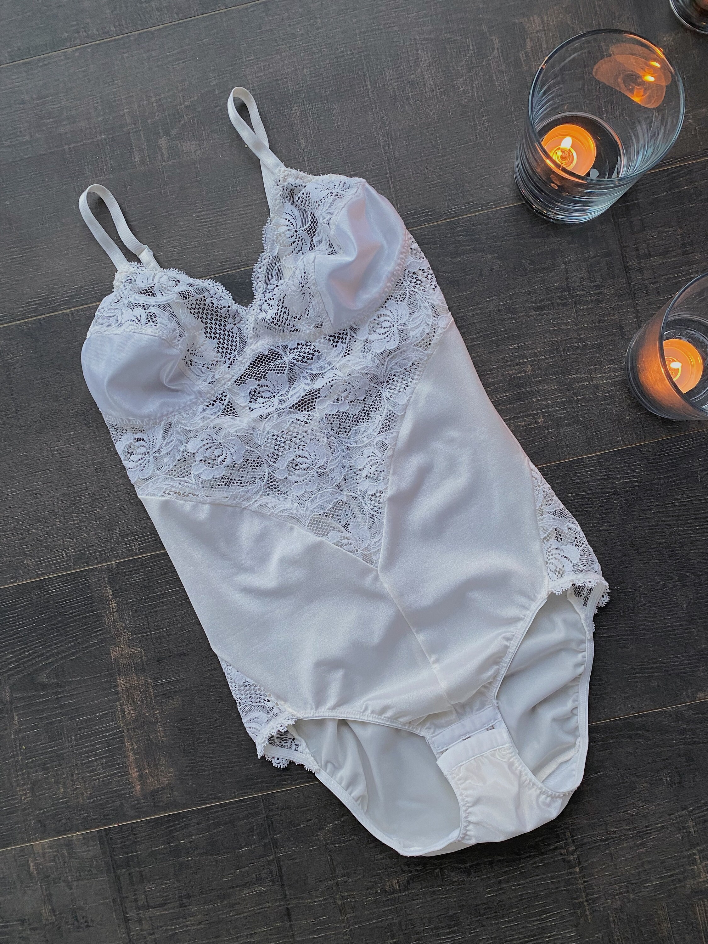 1970s Italian Vintage XS White Lingerie Bodysuit With Half Sheer Floral 