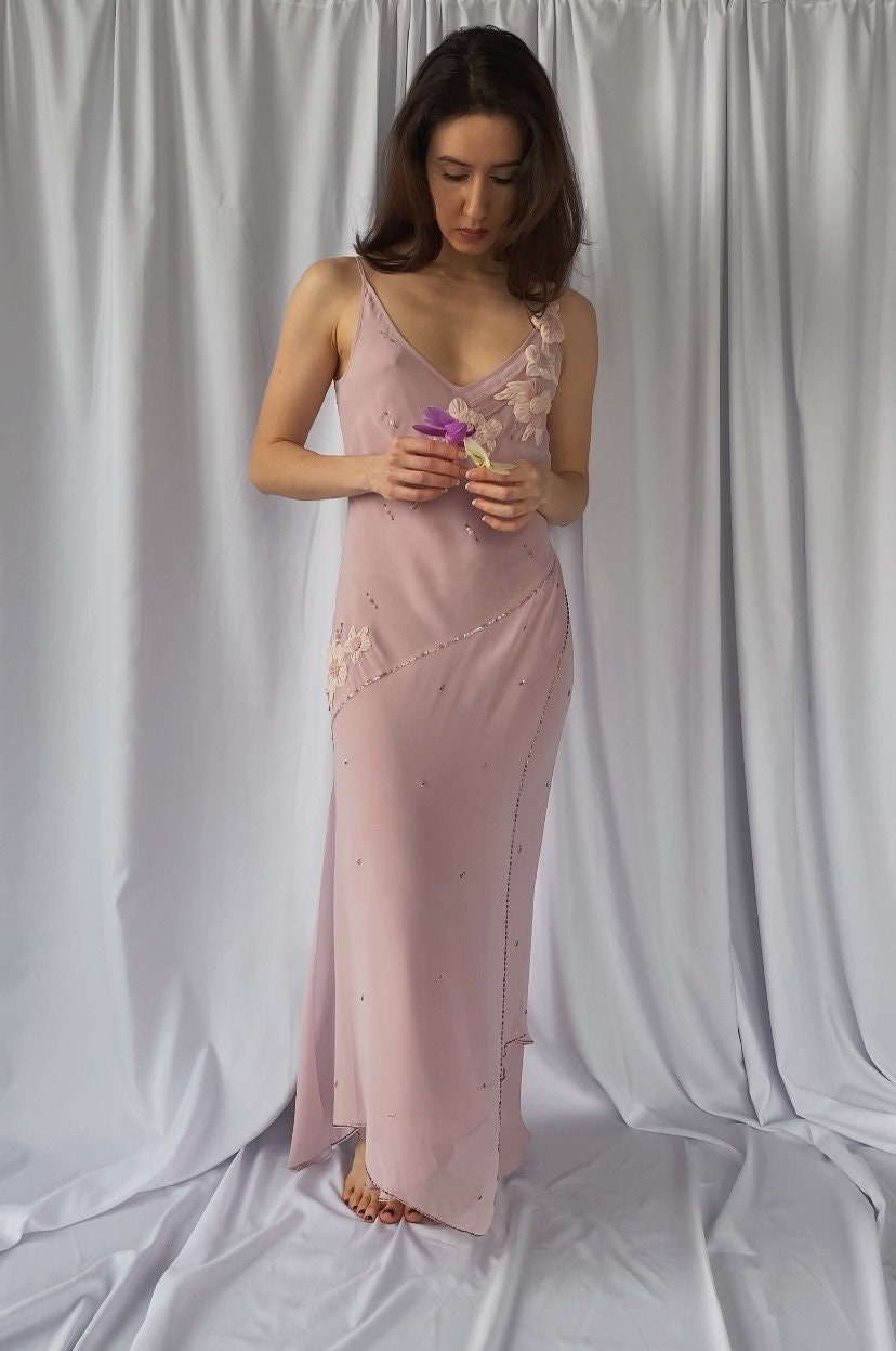 Vintage S/M Y2k BEADED Fairy Asymmetric Hem Powder Pink Colour