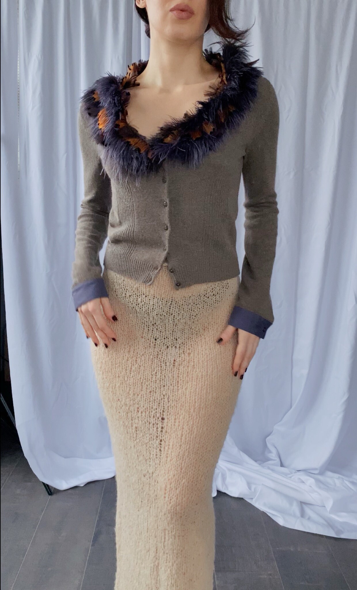 90s/00s Vintage BLUMARINE XS/S Bright Feather Trimmed Neckline