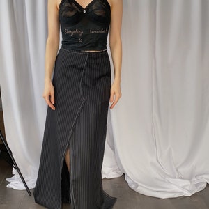 Repurposed designer hand made maxi pinstripe skirt upcycled from vintage trousers, size S, Deconstructed high slit suitting long skirt small image 2