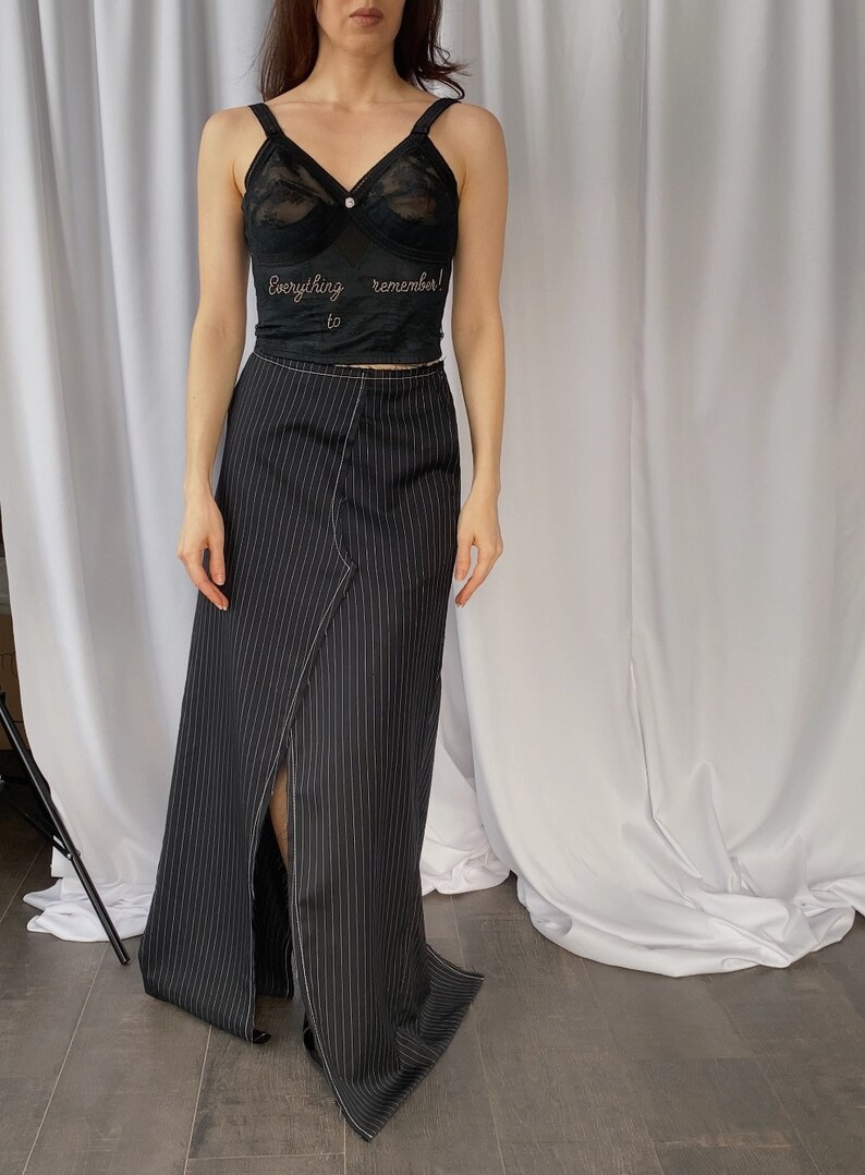 Repurposed designer hand made maxi pinstripe skirt upcycled from vintage trousers, size S, Deconstructed high slit suitting long skirt small image 2