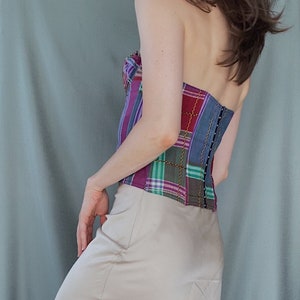 1980s/90s vintage CHANTAL THOMASS cotton tartan corset top S/M, 90s colourful check print cupped bustier, Bright pin up style boned top image 6