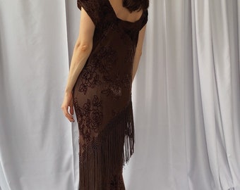 90s vintage midi SILK/viscose evening dress with fringe size M, Cocktail devore dress, 1990s burnout silk bias cut floral chiffon gown