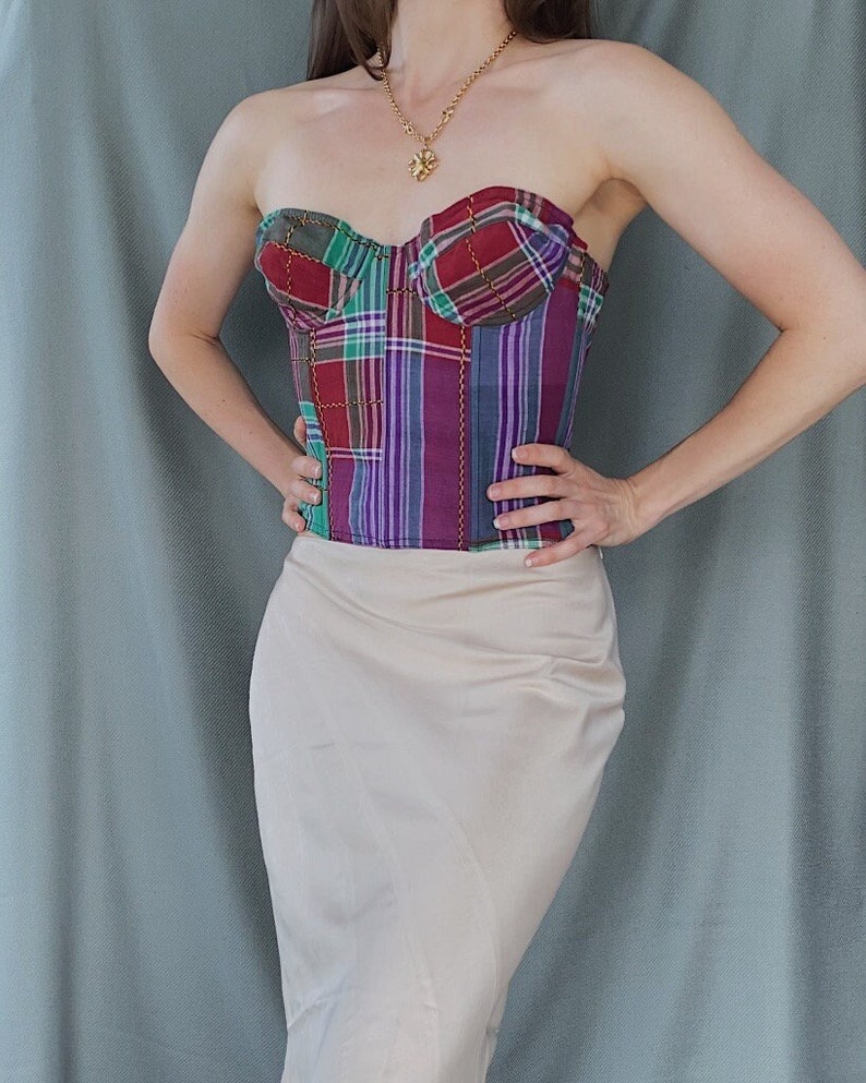 1980s/90s vintage CHANTAL THOMASS cotton tartan corset top S/M, 90s colourful check print cupped bustier, Bright pin up style boned top image 1