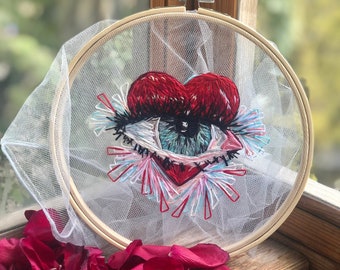 Tulle embroidery in wooden hoop heart and eye print hand-made gift birthday present love art home decor