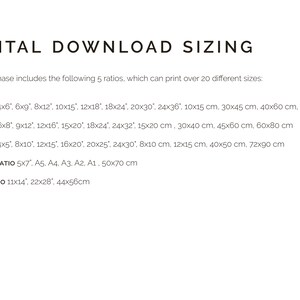 May include: A text-based chart showing different aspect ratios for digital downloads, including the corresponding measurements in inches and centimetres. The ratios listed are 2:3, 3:4, 4:5, 5:7 (ISO), and 11x14.