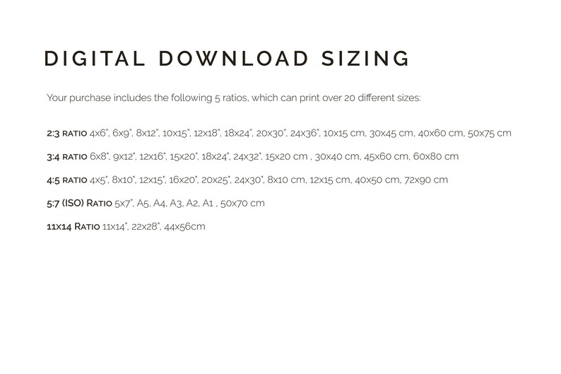 May include: A text-based chart showing different aspect ratios for digital downloads, including the corresponding measurements in inches and centimetres. The ratios listed are 2:3, 3:4, 4:5, 5:7 (ISO), and 11x14.