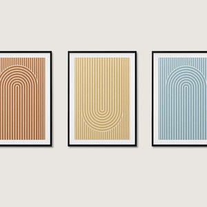 Mid Century Modern Art Print Set of 3, Abstract Geometric Digital download Prints, Red Yellow Blue Minimal Gallery Art, mid century art