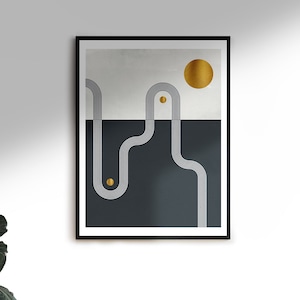 Mid Century Modern Geometric Art, Neutral Abstract Digital Download Prints, Geometric Line Art, Black Gold Beige Minimal Gallery Art