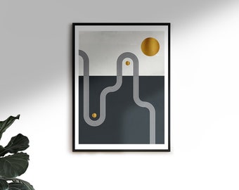Mid Century Modern Geometric Art, Neutral Abstract Digital Download Prints, Geometric Line Art, Black Gold Beige Minimal Gallery Art