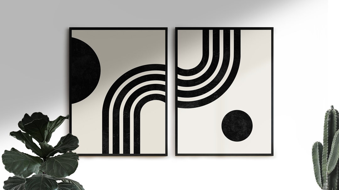 Mid Century Modern Wall Art Print Set of 2, Neutral Abstract Geometric ...