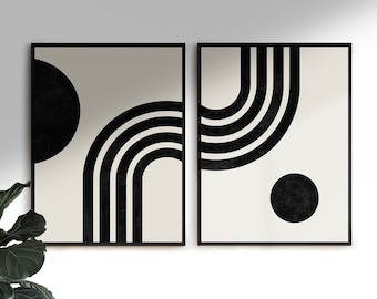 Könnte beinhalten: Zwei Schwarz-Weiß-Abstrakte Kunstdrucke mit geometrischen Formen. Die Drucke zeigen eine Reihe von geschwungenen Linien und Kreisen.