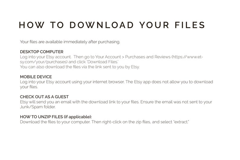 May include: A white text document with black text explaining how to download digital files purchased on Etsy. The document includes instructions for downloading files on a desktop computer, mobile device, and as a guest. It also includes instructions on how to unzip files.