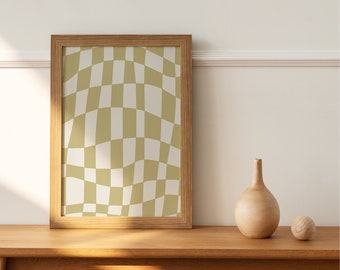 Green Checkered Wall Art, Downloadavle Wall Art Retro Print, Checkerboard Art Print, Neutral Wall Art, Abstract Boho Art, Boho Art Print