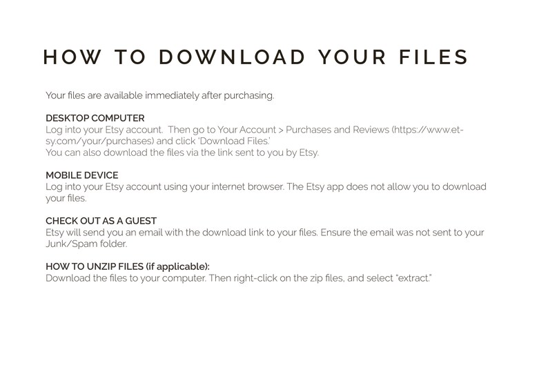 May include: A white text document with black text explaining how to download digital files purchased on Etsy. The document includes instructions for downloading files on a desktop computer, mobile device, and as a guest. It also includes instructions on how to unzip files.