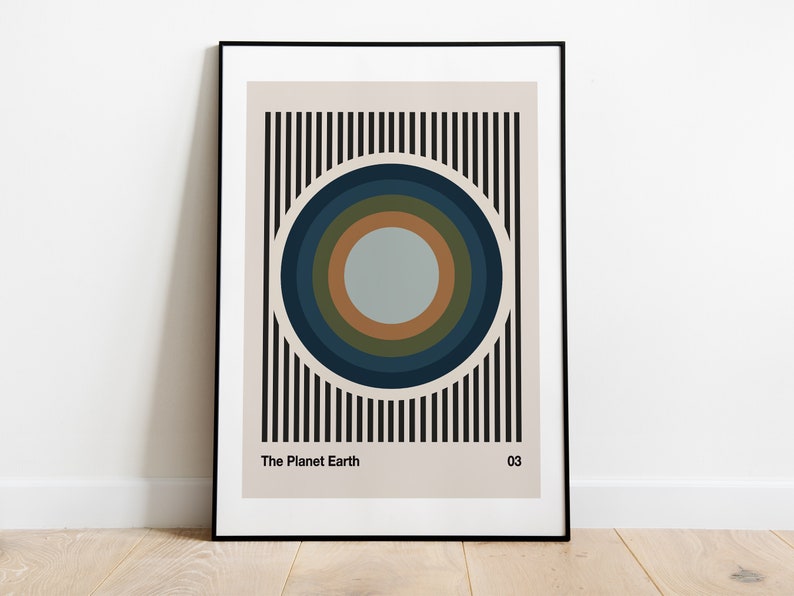 May include: A black and white striped background with a concentric circle design in shades of blue, green, and brown. The text "The Planet Earth" and "03" are at the bottom of the image.