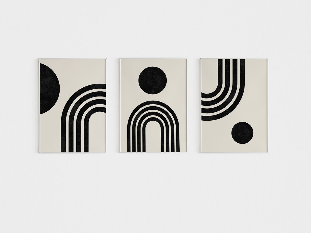 Mid Century Modern Wall Art Print Set of 3, Neutral Abstract Geometric ...