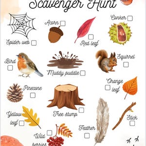 Könnte beinhalten: Eine illustrierte Herbst-Schnitzeljagd-Checkliste mit Aquarellbildern von Spinnennetz, Eichel, rotem Blatt, Vogel, Schlammpfütze, Tannenzapfen, gelbem Blatt, Baumstumpf, wilden Beeren, Pilzen, Feder, Stock und Tierspuren.