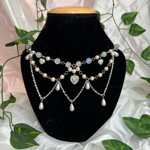 Fairytale Enchanted Fairycore Coquette Pink Beaded Necklace with Faux Pink Pearls Whimsical 3 Layered Choker