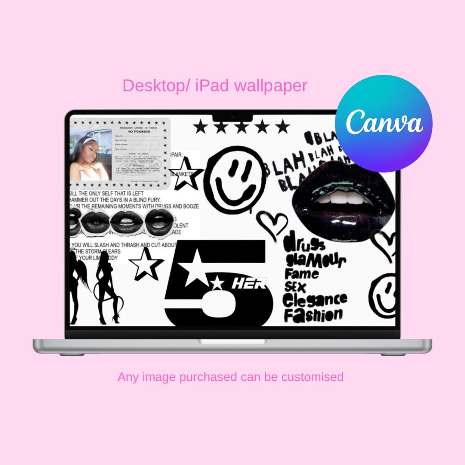 Editable Y2K Aesthetic Desktop Wallpaper | Customizable Black & Pink ...