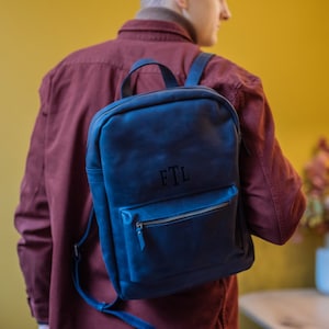 Blue Backpack Leather Travel Backpack Mens Backpack Leather Leather Backpack Women Blue Rucksack College Backpack Zipper Rucksack Unisex