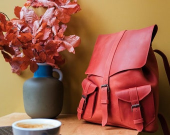 University Backpack, Monogram College Backpack, Hipster Red Rucksack, Red Leather Backpack, Leather Backpack Woman, Leather Backpack Laptop