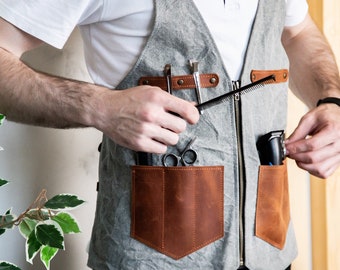 Hairdresser barber apron, Leather cross back heavy duty adjustable multi purpose apron for men and women, Barber apron, Perfect barber gift