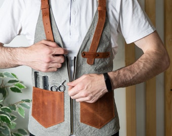 Barber apron, Apron with pockets, Salon apron, Barber accessories, Unique barber apron,Hairstylist outfit,Utility apron,High quality leather