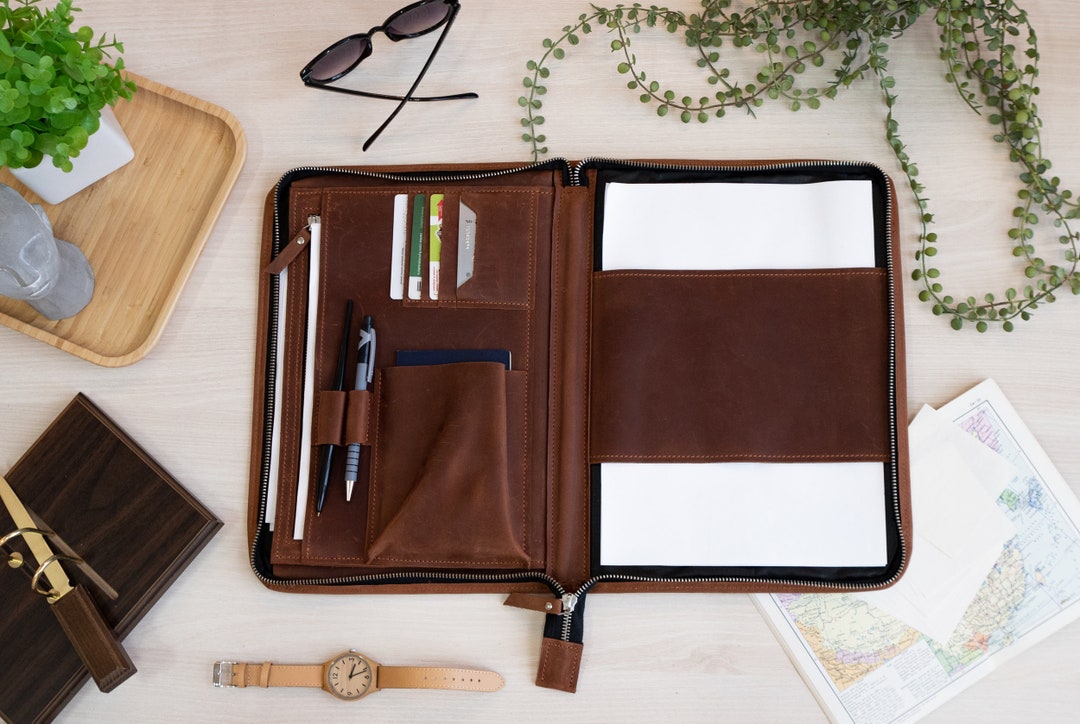 Personalized Leather Padfolio With Zipper, Custom Engraved Business
