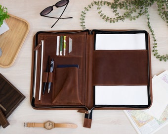 Personalized Leather Padfolio with Zipper, Custom Engraved Business Portfolio for Professionals