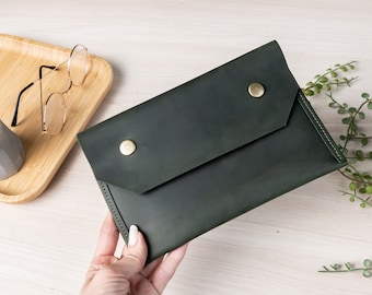 Cartera de cuero verde, cartera de mujer, cartera de botones, bolsillo de cuero, regalos para mujeres, regalos para ella, billetera larga grande, bolso elegante simple