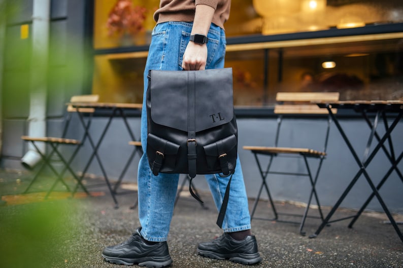 Black casual leather backpack men,Leather backpack,Vintage leather backpack,Leather backpack men black,Leather backpack laptop bag,Backpack image 3