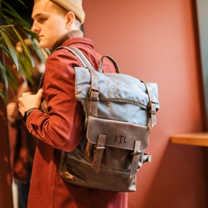 Wax Canvas Backpack,Waxed Canvas Vintage Leather Backpack,Canvas Rucksack,Rolltop Backpack,Waxed Canvas Bag,Rucksack,Waxed Backpack,Backpack