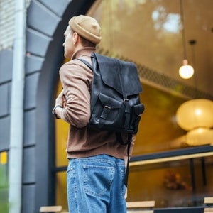 Black casual leather backpack men,Leather backpack,Vintage leather backpack,Leather backpack men black,Leather backpack laptop bag,Backpack image 2