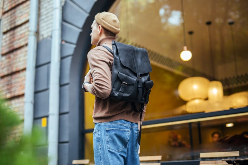 Black casual leather backpack men,Leather backpack,Vintage leather backpack,Leather backpack men black,Leather backpack laptop bag,Backpack image 2